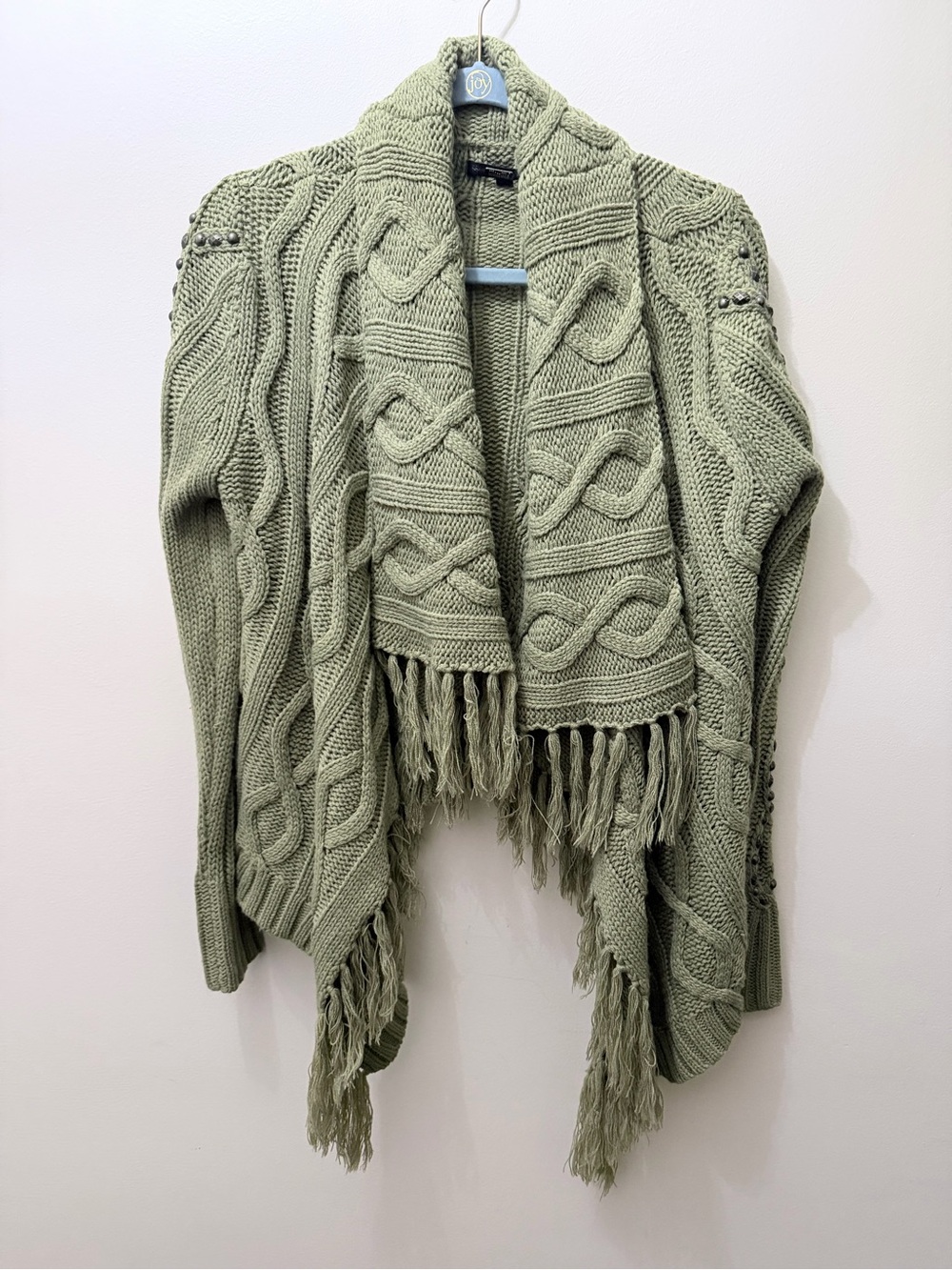 Miss Me Jeans Sage Green Knit Fringe Cardigan Sweater Studded Western Boho S